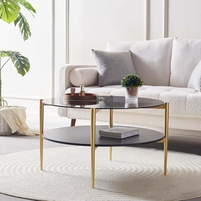 LumFurn Round Coffee Table for Living Room, Mid-Century Modern Design, D30 x H17, 2-Tier Structure, Grey Glass Top and Black Marble Finish Wood Shelf, Sleek Conical Metal Legs with Gold Finish Frame - color: Grey & Black Marble, size: D30" Round Coffee Ta