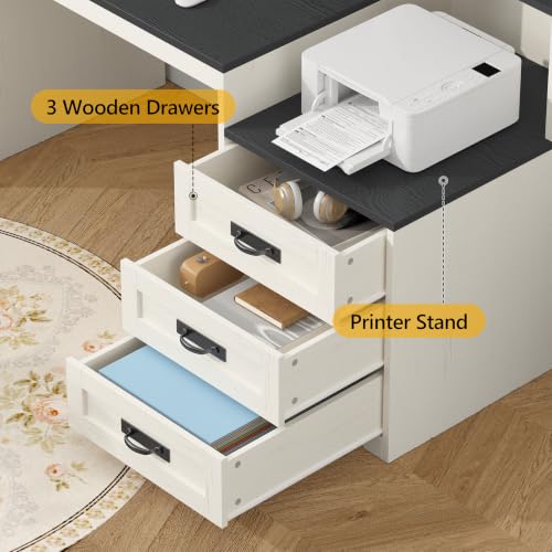 65" Farmhouse Computer Desk with Drawers and Printer Stand for Home Office | Office Desk with Power Outlets and Storage Cabinet, Study Writing Desks with Long Monitor Stand, Black and White - color: Black and White
