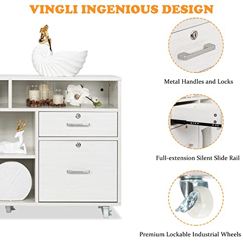 VINGLI Wood Mobile File Cabinet with 4 Drawers and Shelves, Printer Stand with Open Storage, Lockable Lateral Filing Cabinet for Home Office, Assembly Required, Light Beige Close to White - color: White