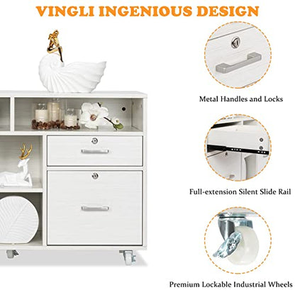 VINGLI Wood Mobile File Cabinet with 4 Drawers and Shelves, Printer Stand with Open Storage, Lockable Lateral Filing Cabinet for Home Office, Assembly Required, Light Beige Close to White - color: White