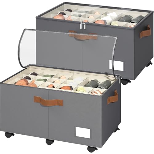 Shoe Organizer for Closet, 2 Pack Shoe Storage Organizer with Wheels and Adjustable Dividers, Stackable Shoe Storage Box with Clear Cover, Foldable Closet Shoe Organizer Fits up to 24-48 Pairs, Gray - color: Gray, size: 25 ½"L x 17"W x 12 ½"H-2 Pack