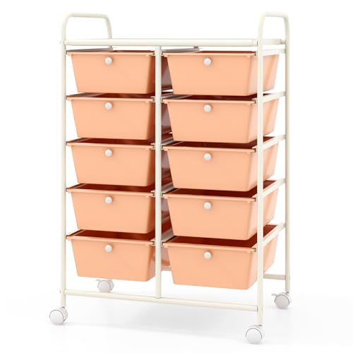 10-Drawer Rolling Cart with Drawers, Storage Cart with Universal Wheel & Metal Frame, Multipurpose Mobile Trolley Utility Cart for Makeup Kitchen Office Play Room (Peach Pink) - color: Peach Pink