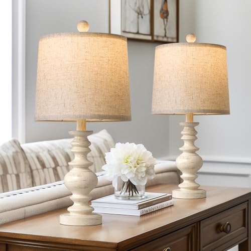 BOBOMOMO Tradition 20.5" Rustic Table Lamp Set of 2 for Living Room Farmhouse Bedside Desk Lamps Bedroom Nightstand Vintage Lamps Linen Washed（Suitable for Decorating Small Areas） - color: Antique White, size: Small-20"