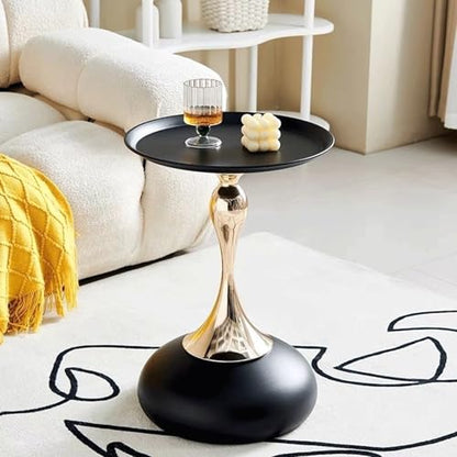 Modern Round Side Table with Gold Pedestal Base, Black Metal Top, Accent End Table for Living Room (Black) - color: Black