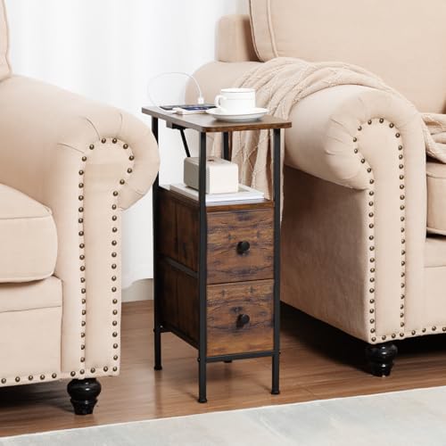 LOAKEKEL Narrow Nightstand with Charging Station, End Tables Living Room Set of 2, Skinny Side Table with Fabric Drawers, Slim Sofa Table for Bedroom, Small Spaces, Couch, Rustic Brown, HETNDP02PBR - color: Rustic Brown, style: Power
