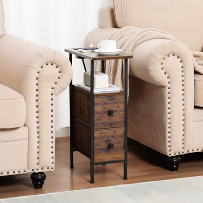 LOAKEKEL Narrow Nightstand with Charging Station, End Tables Living Room Set of 2, Skinny Side Table with Fabric Drawers, Slim Sofa Table for Bedroom, Small Spaces, Couch, Rustic Brown, HETNDP02PBR - color: Rustic Brown, style: Power