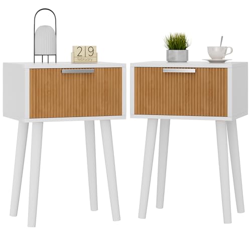 YMYNY Narrow Fluted Nightstand Set of 2, Small End Table, Modern Coffee Table with Drawer, Solid Wood Legs, Retaining Chain, for Bedroom and Small Spaces, White and Natural UHST014WN-2 - color: White and Natural