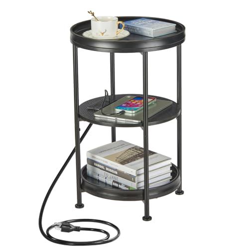 Dulcii Round Side Table with Charging Station, 24'' End Table with 3 Shelves for Living Room, Bedroom Nightstand with Steel Frame for Small Spaces, Industrial Round Sofa Table (USB+Black) - color: Black, style: With Outlets