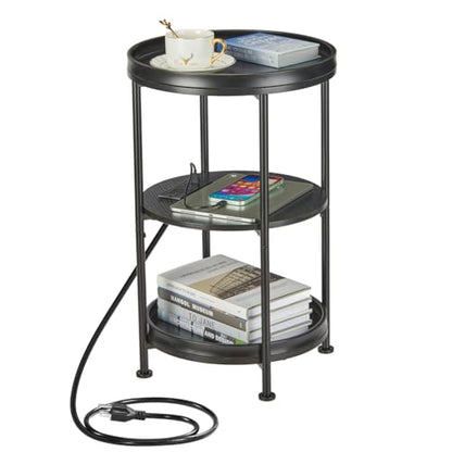 Dulcii Round Side Table with Charging Station, 24'' End Table with 3 Shelves for Living Room, Bedroom Nightstand with Steel Frame for Small Spaces, Industrial Round Sofa Table (USB+Black) - color: Black, style: With Outlets
