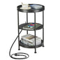 Dulcii Round Side Table with Charging Station, 24'' End Table with 3 Shelves for Living Room, Bedroom Nightstand with Steel Frame for Small Spaces, Industrial Round Sofa Table (USB+Black) - color: Black, style: With Outlets