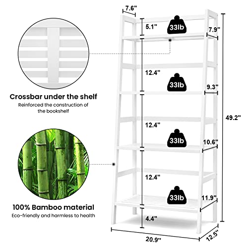 Homykic Ladder Shelf, 4-Tier Bamboo Ladder Bookshelf, 49.2” White Book Shelf, Open Bookcase Freestanding Plant Stand for Small Space, Bathroom, Living Room, Bedroom, Home Office - color: White