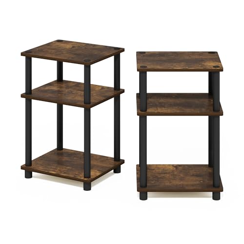Furinno JUST Side Table Set of 2, 3-Tier Modern End Tables, Open Shelves Night Stand, Nightstand Set, Toolless Assembly, for Living Room, Bedroom, Amber Pine - color: Amber Pine/Black, size: 3-Tier, Round Pole, style: 2-Pack