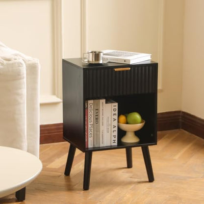 Fultyle Black Fluted Nightstand, Modern Bedside Table with Drawer and Open Storage, End Side Table Living Room with Solid Wood Legs for Bedroom (Black) - color: Black