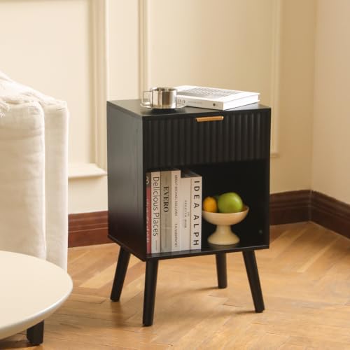 Fultyle Black Fluted Nightstand, Modern Bedside Table with Drawer and Open Storage, End Side Table Living Room with Solid Wood Legs for Bedroom (Black) - color: Black