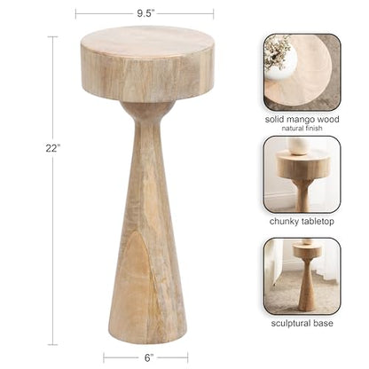 Kate and Laurel Solbrett Transitional Sophisticated Round Drink Table; 10 x 10 x 22; Natural Wood; Sculptural Bedroom Nightstand with Unique Pedestal Table Design for Use as Indoor Plant Stand - color: Natural