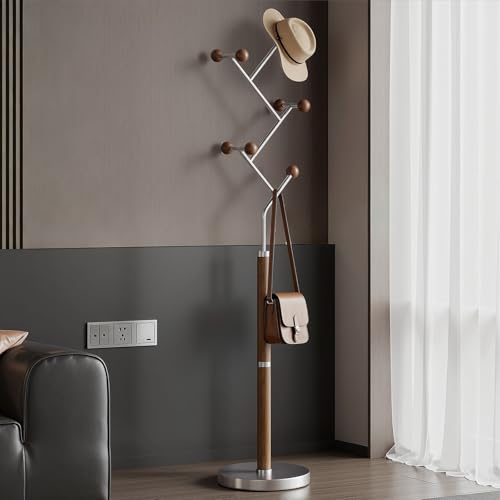 Coat Rack Freestanding Metal Coat Tree with 8 Rubber Wood Hooks | Heavy Duty Standing Coat Rack, Stainless Steel Marble Base, Coat Hanger Stand for Bedroom Entryway Hallway, Hat, Bags - color: A