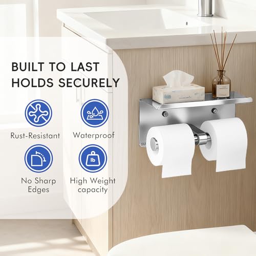 2 Pack Double Toilet Paper Holder with Shelf, Wall Mount Tissue Roll Holder for Bathroom, Heavy Duty 304 Stainless Steel Commercial Toilet Paper Dispenser with Phone Shelf - Brushed Nickel
