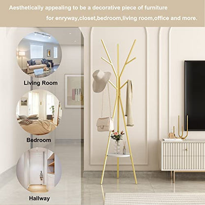 HOME BI Coat Rack Hat Stand Free Standing Display Hall Tree Metal Hat Hanger Garment Storage Holder with 9 Hooks for Clothes Hats and Scarves in Gold,17.72" Wx17.72 Dx70.87 - color: Gold