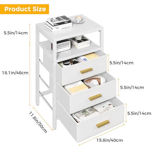 Nightstand 3 Drawers Side Table Modern Bedside End Table | White night stand with 3 fabric drawers, double layer shelf, metal frame, space saving end table for bedroom and living room - size: 3 Drawers, Single Piece