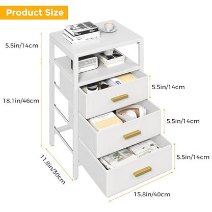 Nightstand 3 Drawers Side Table Modern Bedside End Table | White night stand with 3 fabric drawers, double layer shelf, metal frame, space saving end table for bedroom and living room - size: 3 Drawers, Single Piece