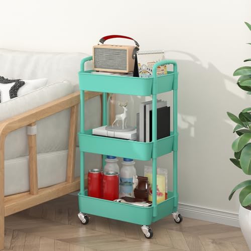 Sywhitta 3-Tier Plastic Rolling Utility Cart with Handle, Multi-Functional Storage Trolley for Office, Living Room, Kitchen, Movable Storage Organizer with Wheels, Green | Multi-Functional Storage Trolley, for Office, Living Room, Kitchen, Bathroom,Movabl