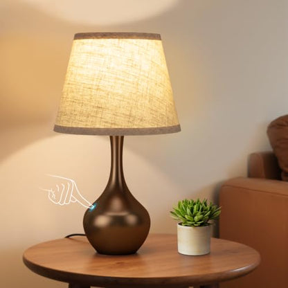 Seealle Touch Table Lamp for Bedroom, 3-Way Dimmable Small Bedside Lamps for Night Stands with Wires, Brown Desk Lamp for Kids Room, Office, Living Room, End Table(LED Bulb Included) - color: J. Beige Shade & Brown Base