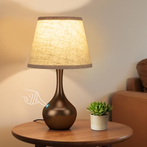 Seealle Touch Table Lamp for Bedroom, 3-Way Dimmable Small Bedside Lamps for Night Stands with Wires, Brown Desk Lamp for Kids Room, Office, Living Room, End Table(LED Bulb Included) - color: J. Beige Shade & Brown Base