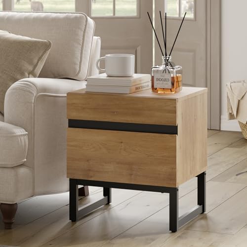 WAMPAT Modern End Table with 2 Drawers, Farmhouse Sofa Table with Black Square Iron Leg, Wood Rustic Side Table for Living Room, Nightstand for Bedroom, Oak, 17.7''L x 15.5''W x 19.8''H - color: Oak