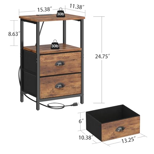 Sthmec Rustic Brown Industrial Nightstand Set of 2, Bedside Table with 2 Fabric Drawers, 3-Tier Storage, LED Light, Charging Station, 11.38''D * 15.38''W* 24.75''H - color: Rustic Brown