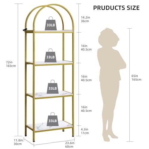 Garvee Arched Bookshelf 4 Tier,Arched Display Racks,Tall Standing Bookshelves with Metal Frame,Modern Open Storage Shelf Display Rack for Bedroom, Living Room, Home Office - color: 4-tier Reinforce-white+gold
