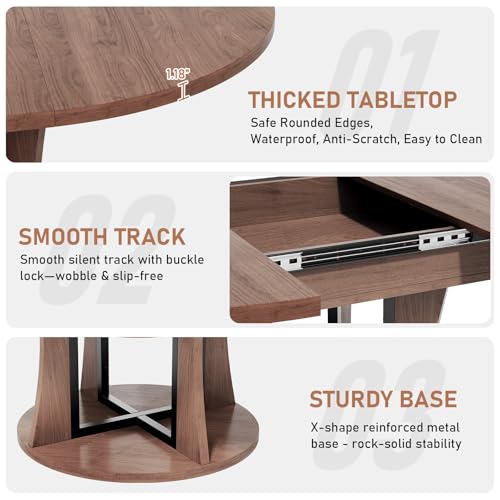 Extendable Round Dining Table for 4-6-8, 43.3-59in Expandable Kitchen Table with Storage Shelf, Space Saving Circle Oval Dining Table with Leaf for Kitchen, Dining Room, Walnut - color: Walnut
