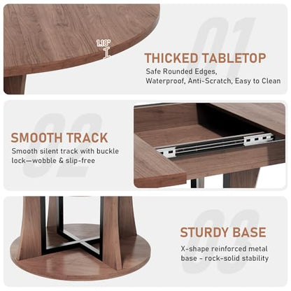 Extendable Round Dining Table for 4-6-8, 43.3-59in Expandable Kitchen Table with Storage Shelf, Space Saving Circle Oval Dining Table with Leaf for Kitchen, Dining Room, Walnut - color: Walnut