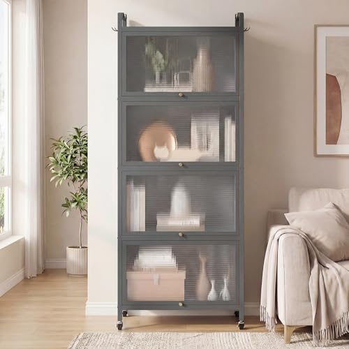 LDAILY 5-Tier Kitchen Storage Cabinet, Mobile Microwave Stand with Metal Frame, Double Anti-toppling Device, 4 Rolling Casters, Freestanding Bakers Rack for Kitchen, Dining Room, Living Room (Grey) - color: Grey