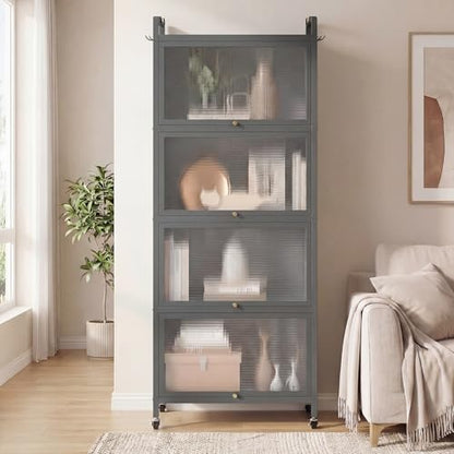 LDAILY 5-Tier Kitchen Storage Cabinet, Mobile Microwave Stand with Metal Frame, Double Anti-toppling Device, 4 Rolling Casters, Freestanding Bakers Rack for Kitchen, Dining Room, Living Room (Grey) - color: Grey