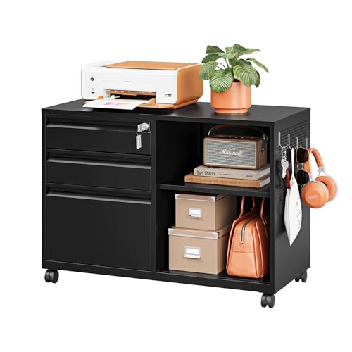 3 Drawer File Cabinet with Lock,Mobile Lateral Filing Cabinet with Side Hook for Letters/Legal/A4, Metal Printer Stand Storage Cabinets with Shelves for Home Office(Black) - color: Black, size: 34.5"W x 24.4"H x 15.8"D