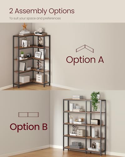 VASAGLE 5 Tier Bookshelf with Metal Frame, Convertible Industrial Corner Shelf, 9.4 x 40.2 x 55.9 Inches, for Living Room, Bedroom, Home Office, Rustic Brown and Ink Black ULLS605KD01 - size: 5 Tiers (40.2"W)