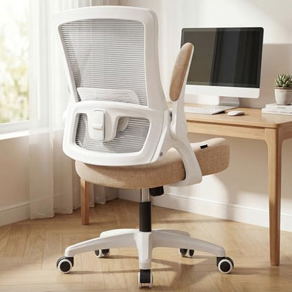 NEO CHAIR Office Desk Gaming Chair Computer High Back Mesh Seat with Rolling Wheels Ergonomic Adjustable Comfy Flip-up Armrests Lumbar Support Height for Home (Beige White Frame) - color: Beige