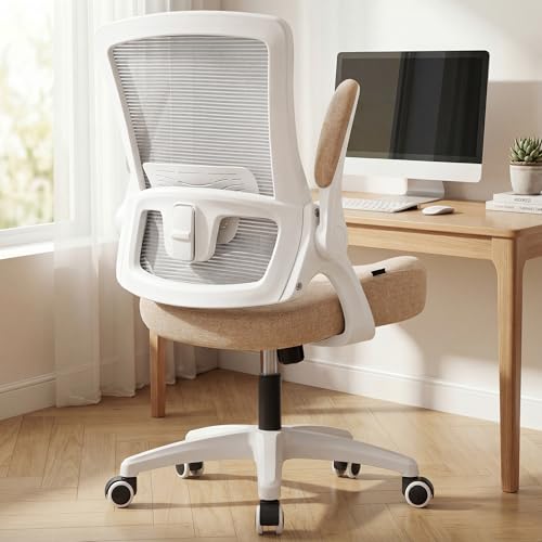 NEO CHAIR Office Desk Gaming Chair Computer High Back Mesh Seat with Rolling Wheels Ergonomic Adjustable Comfy Flip-up Armrests Lumbar Support Height for Home (Beige White Frame) - color: Beige