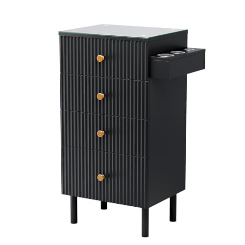 OmySalon Salon Station, Barber Station for Stylist, Hair Storage Cabinet with Glass Top & 4 Drawers & 3 Heat Resistant Tool Holders, For Beauty Spa, Salon, Black - color: Black