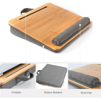 Lap Desk for Laptop with Cushion, Bamboo Laptop Stand with Anti-Slip Strip Tablet Phone Holder, Fits up to 15.6 inch Portable Computer Lap Desk for Couch, Bed & Car - size: 16.5"x13.4" Fixed