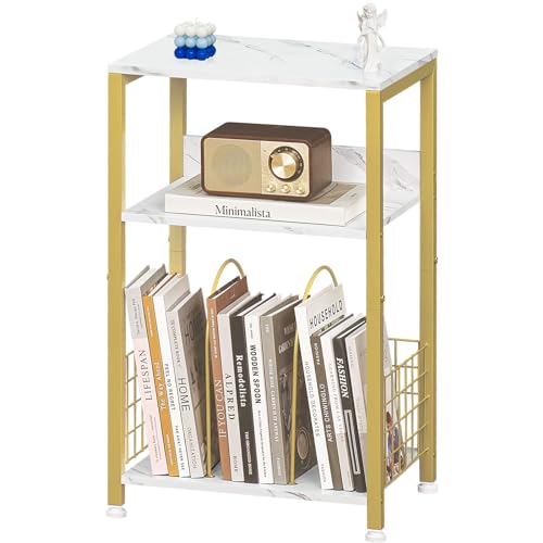 LELELINKY Side Table,White Marble Night Stand with Golden Metal Frame,3 Tier Industrial Wooden Record Player Stand with Vinyl Storage Shelf ,End Tables for Living Room Bedroom Small Spaces - color: White Marble, size: Medium