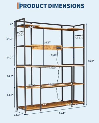 Garvee Kitchen Bakers Rack with Power Outlet 55 * 66inch, Microwave Oven Stand with Storage 4 Tiers, Coffee Bar Table with 6 S Hooks, Kitchen Storage Shelf Rack for Spices, Pots, Rustic Brown - size: 55*66