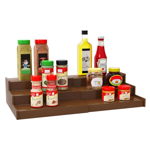 Lenwi Spice Rack Organizer for Cabinet, 3 Tier Expandable Bamboo Spice Storage for Kitchen Cupboard Pantry, Brown - color: Brown