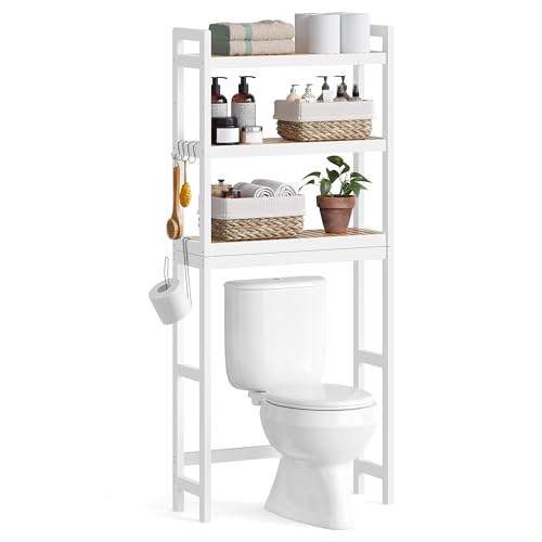 SONGMICS Over The Toilet Storage, 3-Tier Over Toilet Bathroom Organizer with Adjustable Shelf, 10.2 x 24.8 x 66.9 Inches, Space-Saving, Cloud White and Natural Beige UBTS001W02 - color: Cloud White + Natural Beige, size: 3 Tiers (66.9"H)