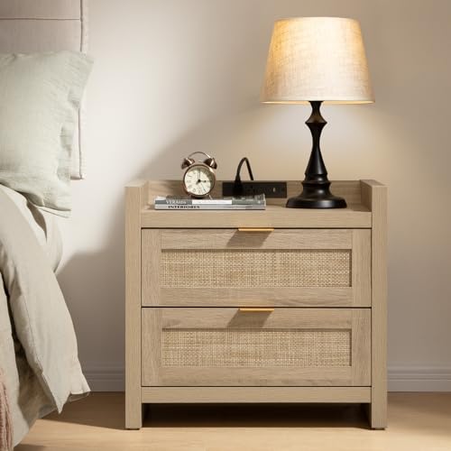 SICOTAS Rattan Nightstand Bedside Table - Night Stand with Type-C Charging Station, 2 Drawers Storage - Boho Night Stands End Table for Bedroom - Light Oak - color: Light Oak(2 Drawers), size: 1 Piece
