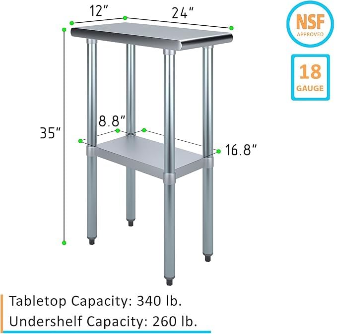 24" x 12" Stainless Steel Prep Table – NSF Certified Heavy Duty Work Table for Home & Commercial Use – Galvanized Undershelf & Legs - size: 12x24