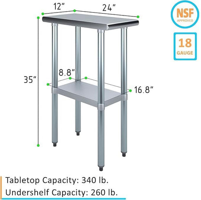 24" x 12" Stainless Steel Prep Table – NSF Certified Heavy Duty Work Table for Home & Commercial Use – Galvanized Undershelf & Legs - size: 12x24