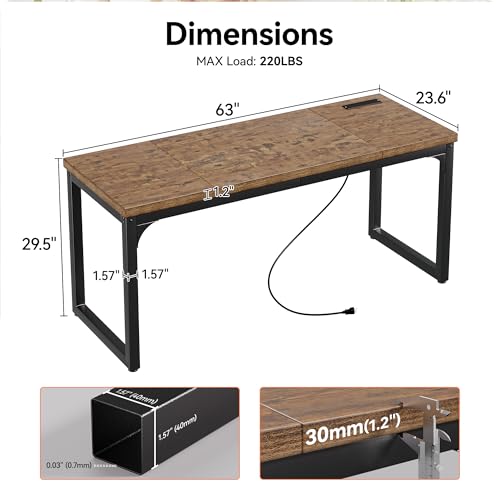 Computer Desk with Power Outlets, 63 Inch Large Home Office Desk with Deeper & Thicker Desktop Modern Gaming Desk Study Writing Work Desk, Metal Frame, Rustic Brown - size: 63 Inch