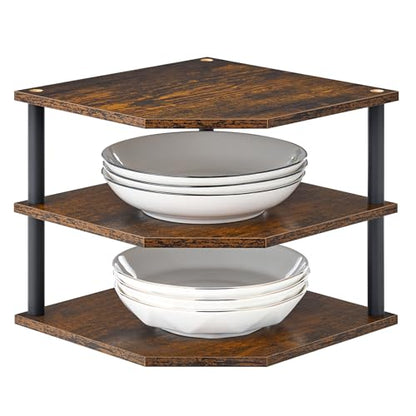 Wooden 3 Tier Corner Shelf, Countertop Storage Organizer for Kitchen Cabinets and Desk, Plates, Dishes, Bread and Small Space Decor, Adjustable
