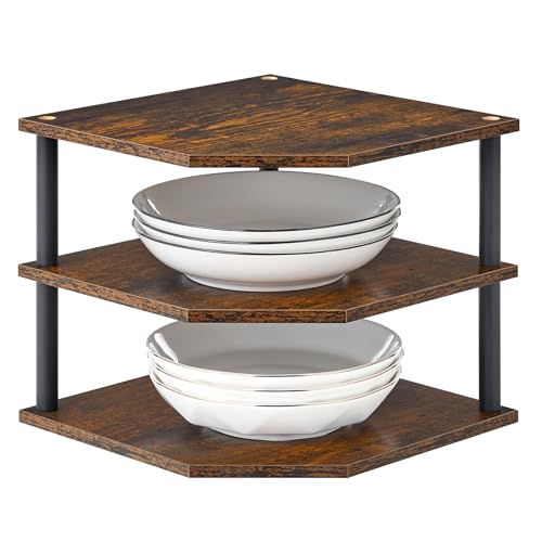 Wooden 3 Tier Corner Shelf, Countertop Storage Organizer for Kitchen Cabinets and Desk, Plates, Dishes, Bread and Small Space Decor, Adjustable